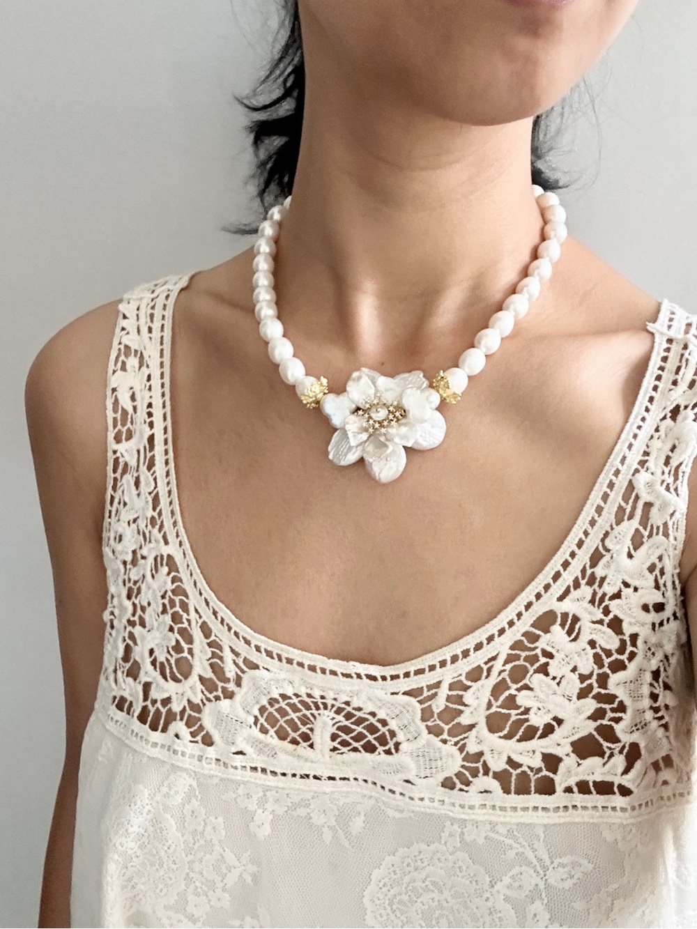 Genuine Freshwater Pearl Floral Statement Necklace White